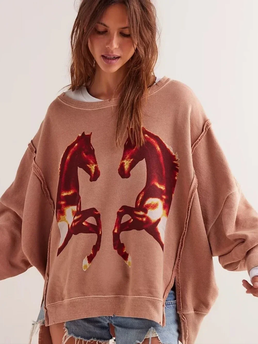 Free People Graphic Camden Pullover Sweatshirt-Mirrored Horses-S-Boho-Cozy